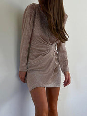 Knot Shiny Solid Color Zipper Bodycon High Waisted Round-Neck Mini Dresses