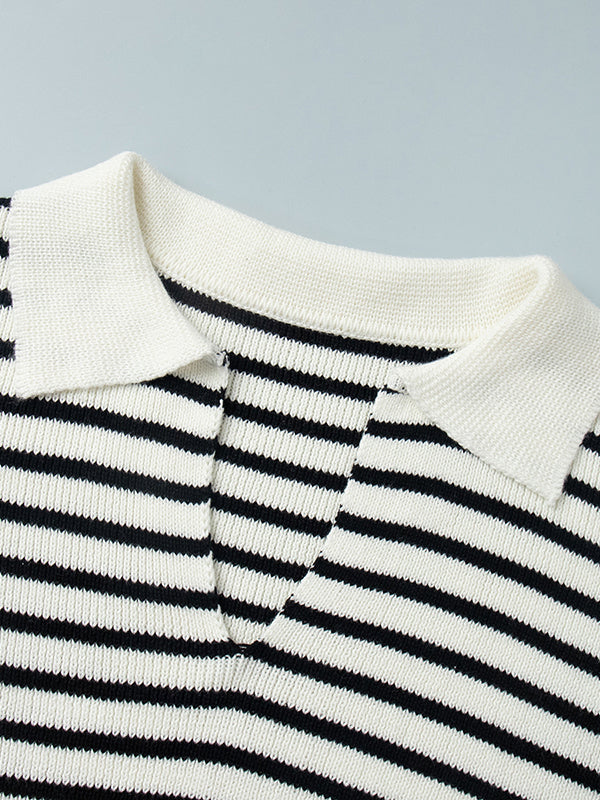 Split-Joint Striped Long Sleeves Loose Lapel Sweater Tops
