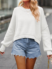 Solid Color Split-Joint Split-Side High-Low Long Sleeves Round-Neck Sweater Tops Pullovers