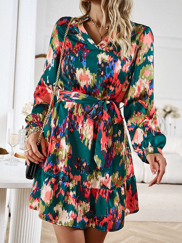 Printed Split-Joint Tied Waist Long Sleeves Loose V-Neck Mini Dresses