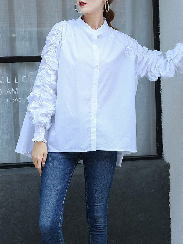 Elasticity Pleated Solid Color Split-Joint High-Low Long Sleeves Round-Neck Blouses