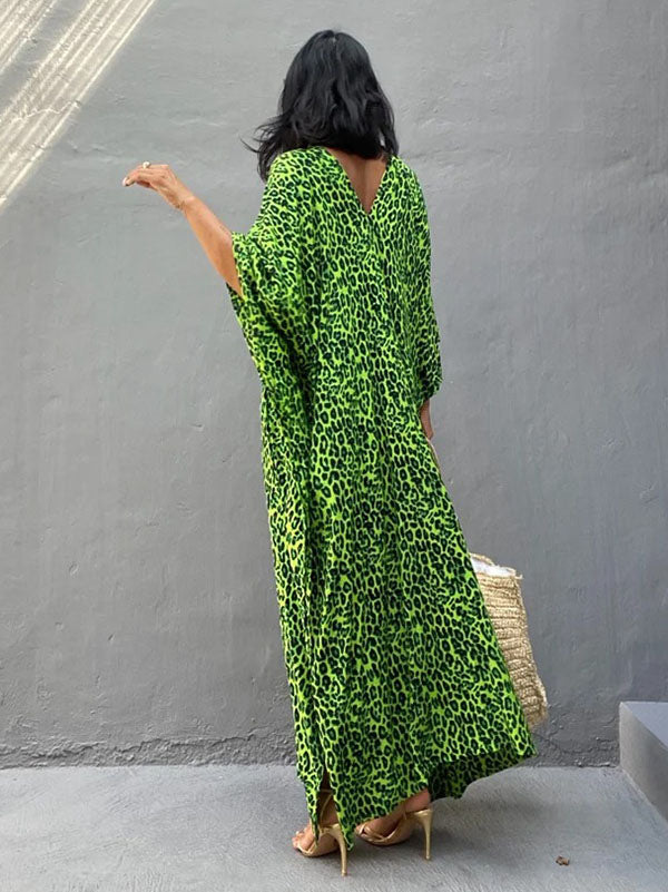 Green Leopard V-Neck Split-Side Batwing Sleeves Maxi Dress