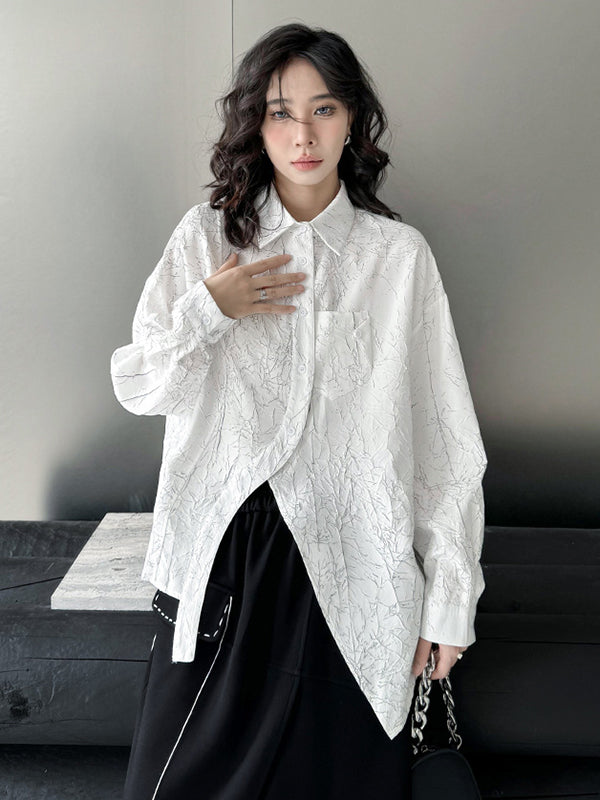 Abstract Printed Asymmetric Buttoned Wrinkled Irregularity Long Sleeves Lapel Blouses&Shirts Tops