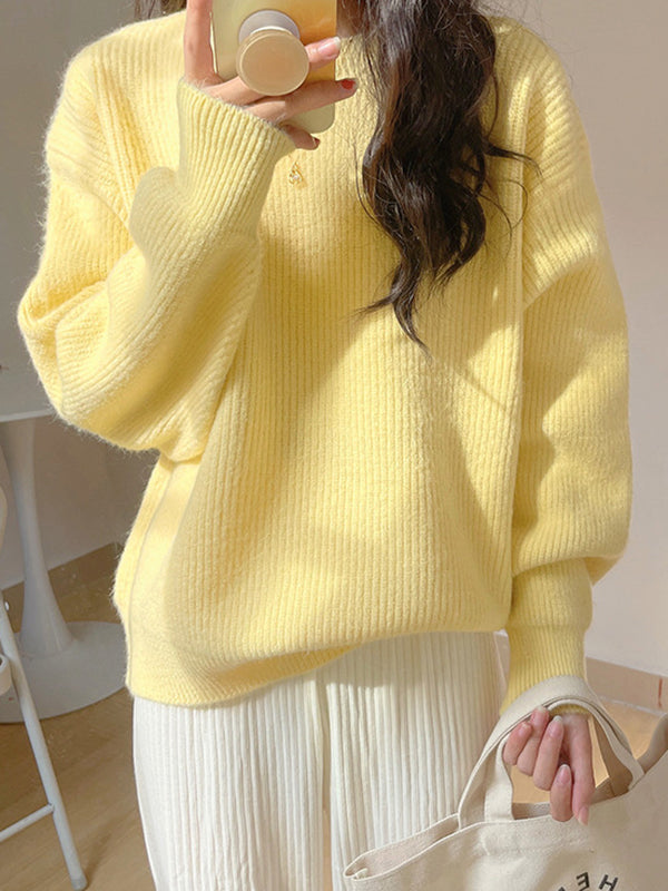 Solid Color Long Sleeves Loose Round-Neck Sweater Tops Pullovers