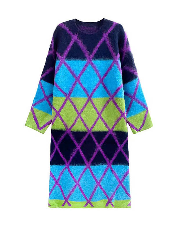 Contrast Color Plaid Split-Joint Long Sleeves Loose Round-Neck Sweater Dresses Midi Dresses