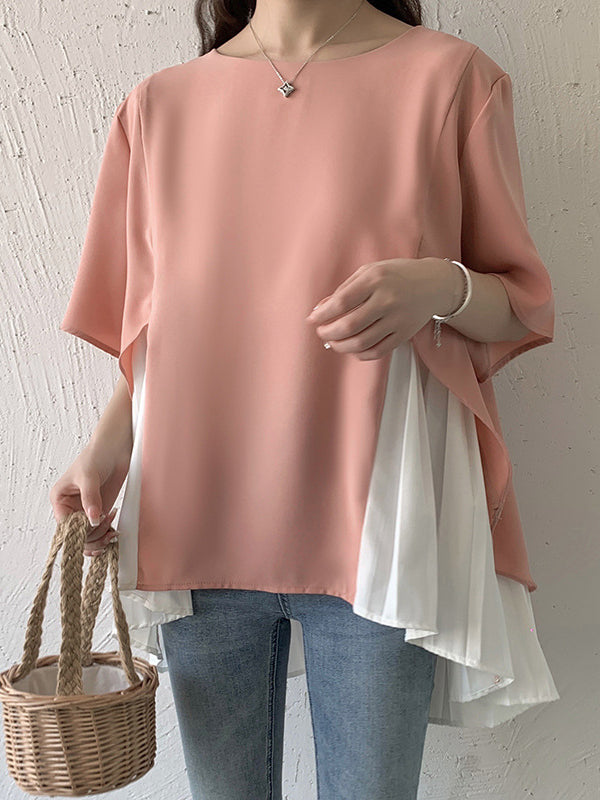 Split-Joint Half Sleeves Irregularity Round-Neck T-Shirts Tops