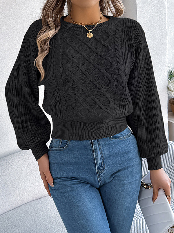 Cable Knit Solid Color Elasticated Waist Long Sleeves Round-Neck Sweater Tops Knit Top