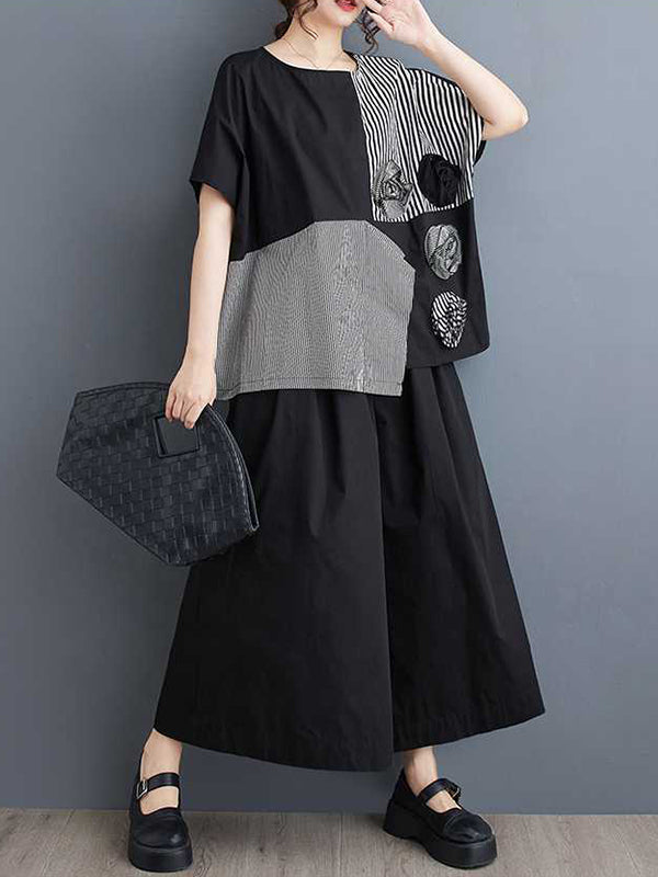 Asymmetric Split-Front Split-Joint Striped Three-Dimensional Flower Loose Short Sleeves Round-Neck T-Shirts Tops