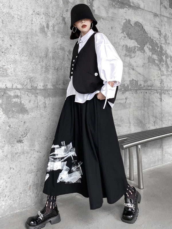 Original Loose Lace-Up Hollow Sleeve Blouse+Black Vest+Wide Leg Pants Culotte Three Pieces Set