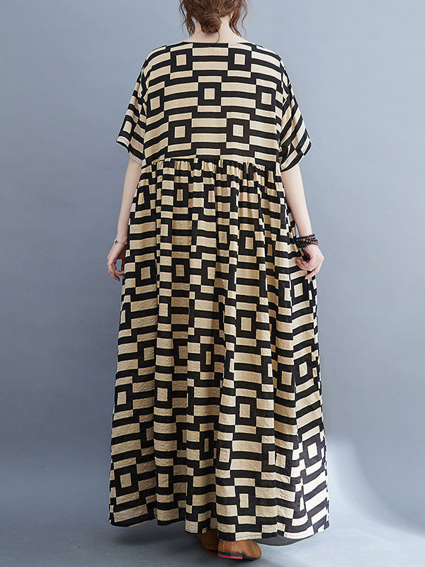 Plaid Loose Short Sleeves Round-Neck Midi Dresses