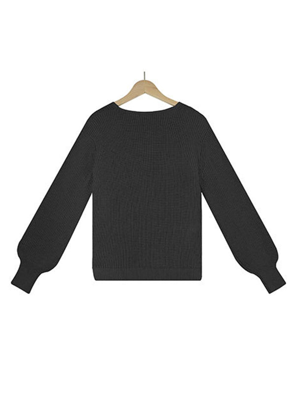 Casual Long Sleeves Solid Color V-Neck Sweater Tops
