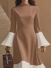Contrast Color Pleated Split-Joint Flared Sleeves High Waisted Mock Neck Maxi Dresses