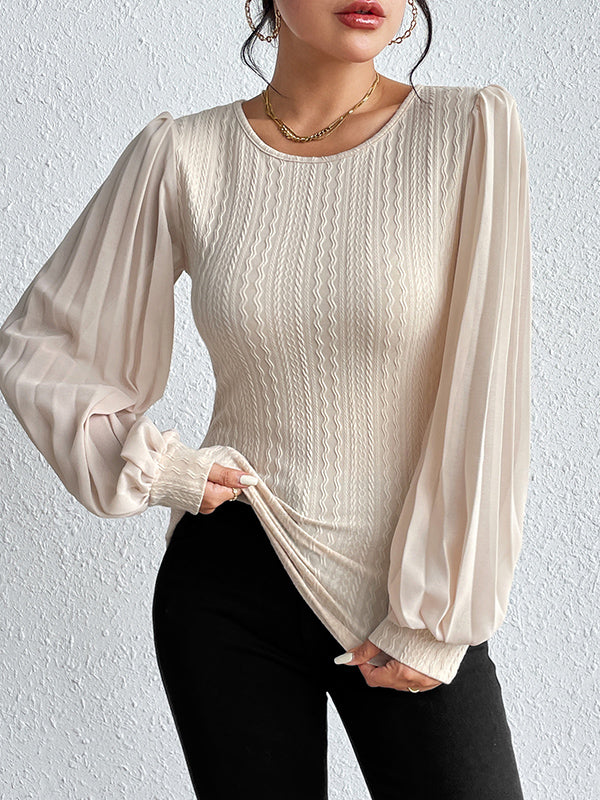 Pleated Solid Color Split-Joint Long Sleeves Loose Round-Neck T-Shirts Tops