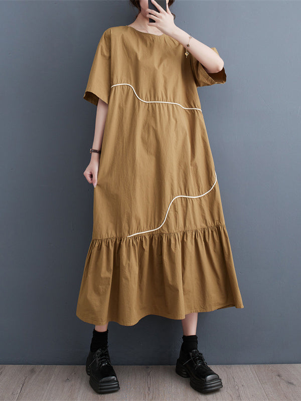 Pleated Split-Joint Loose Short Sleeves Round-Neck Midi Dresses