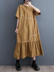 Pleated Split-Joint Loose Short Sleeves Round-Neck Midi Dresses