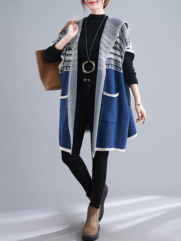 Artistic Retro Loose Casual With Pocket Hooded Short Sleeves Cardigan Outwear