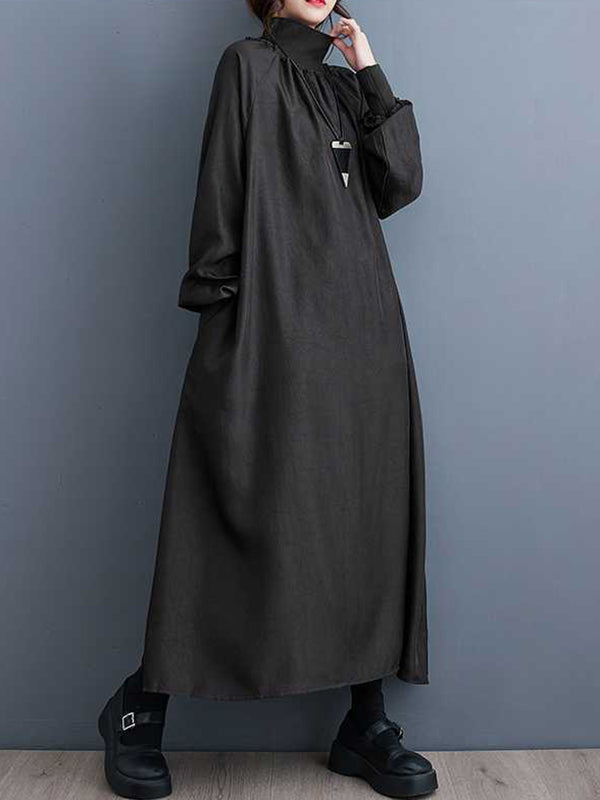 Pleated Pockets Solid Color Split-Joint A-Line Long Sleeves High Neck Midi Dresses