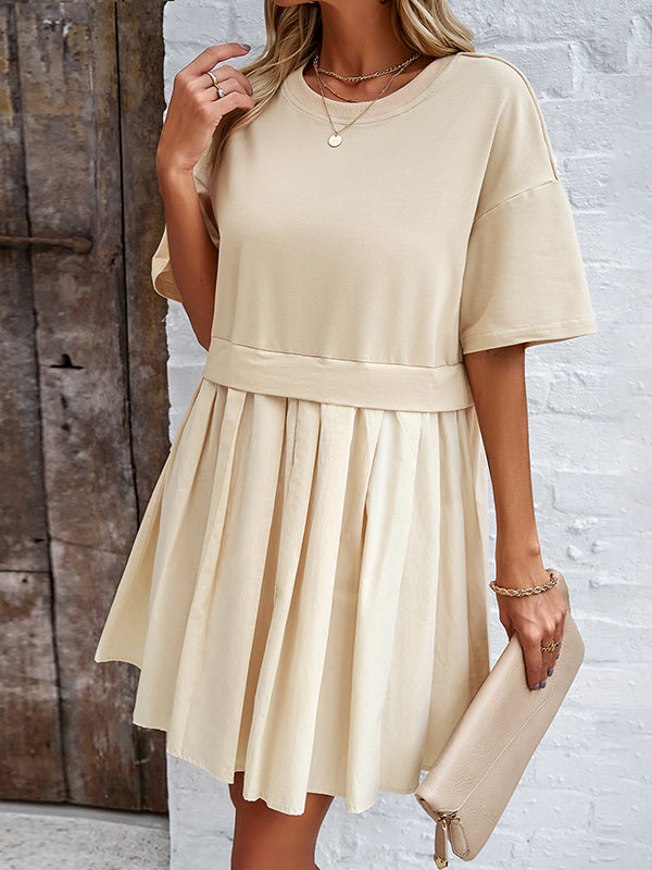 Contrast Color Pleated Split-Joint A-Line Half Sleeves Round-Neck Mini Dresses