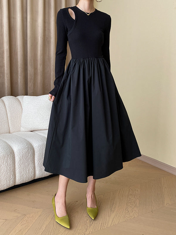 Elasticity Hollow Solid Color Split-Joint A-Line Long Sleeves Round-Neck Midi Dresses