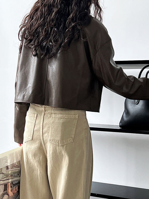 Solid Color Zipper Long Sleeves Loose Lapel Collar Outerwear Jackets&Coats