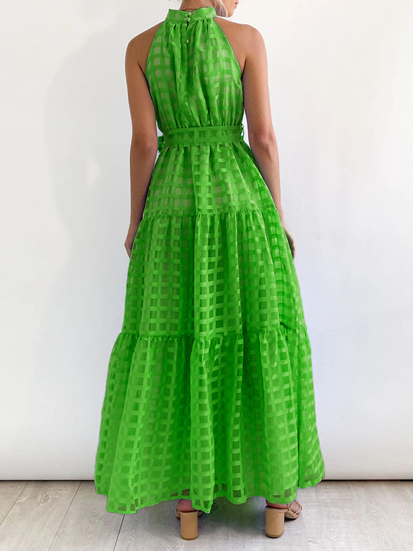 Plaid Ribbed Loose Sleeveless Stand Collar Maxi Dresses