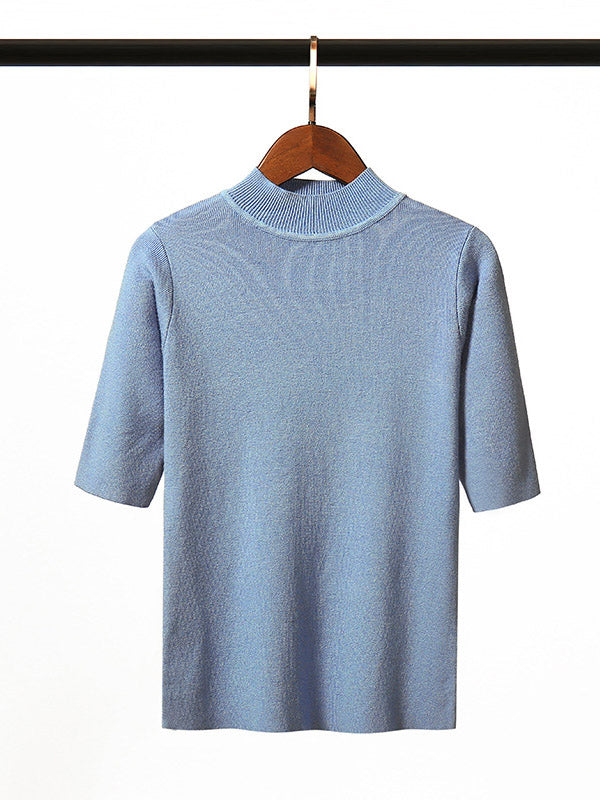 15 Colors Knitting Solid Color High-Neck Short Sleeves Pullover