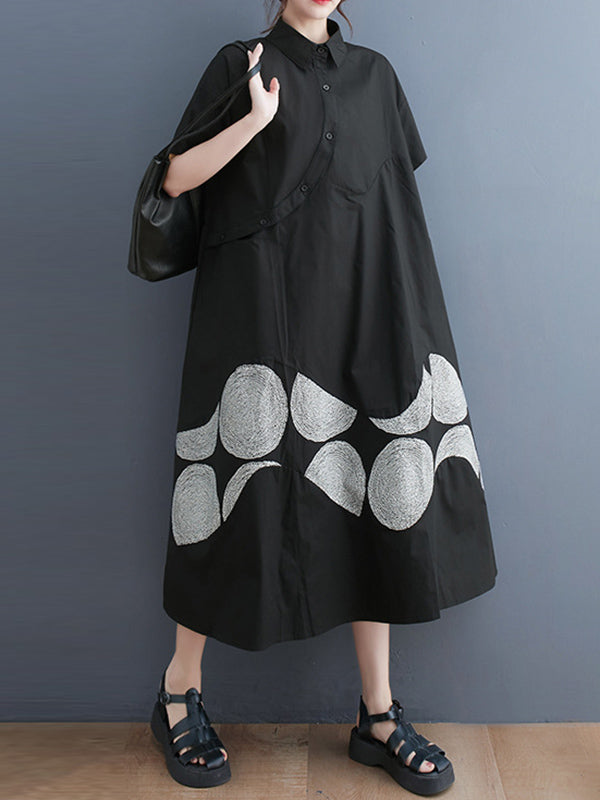A-Line Oversize Ethnic Printed Contrast Color Printed Split-Joint Lapel Midi Dresses Shirt Dress