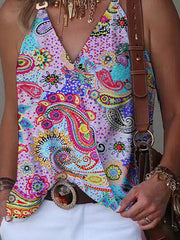 Printed Split-Joint Sleeveless V-Neck Vest Top