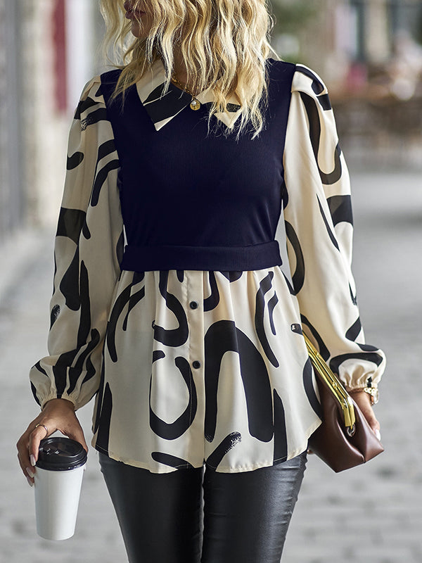 Buttoned Contrast Color Printed Split-Joint False Two Puff Sleeves Lapel Shirts Tops Blouses