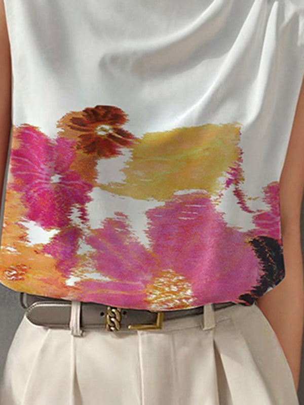 Asymmetric Pleated Printed Split-Joint Loose Sleeveless High Neck Vest Top