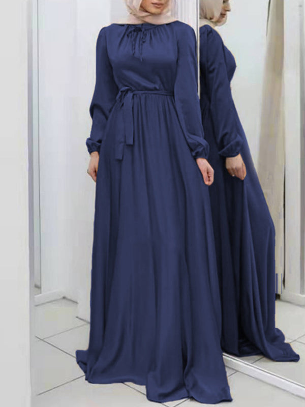 Pleated Solid Color Tied Waist Long Sleeves Loose Maxi Dresses