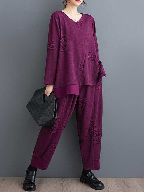 Split-Joint V-Neck Long Sleeves Asymmetric Solid Color T-Shirts Top + Harem Pants Elasticity Pants Bottom Two Pieces Set