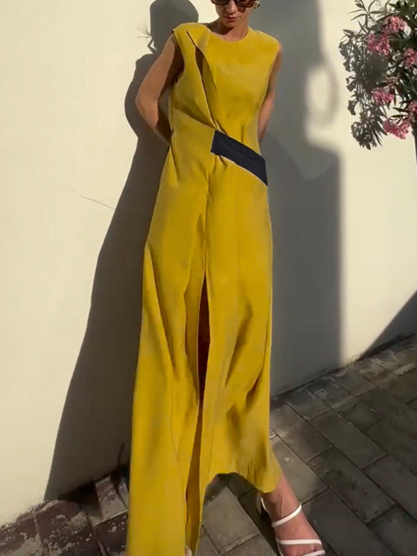 Asymmetric Contrast Color Split-Side Tied Loose Sleeveless Round-Neck Maxi Dresses