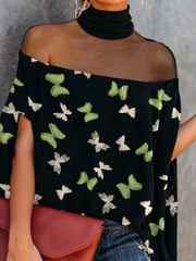 Butterfly Print Mesh Split-Joint Batwing Sleeves Loose High Neck T-Shirts Tops