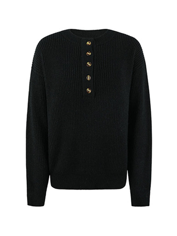 Casual Long Sleeves Solid Color Round-Neck Sweater Tops