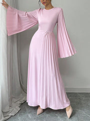 Pleated Solid Color Flared Sleeves Long Sleeves Round-Neck Maxi Dresses