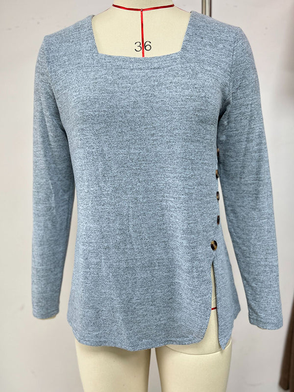 Asymmetric Buttoned Solid Color Split-side Long Sleeves Loose Square-neck T-Shirts Tops
