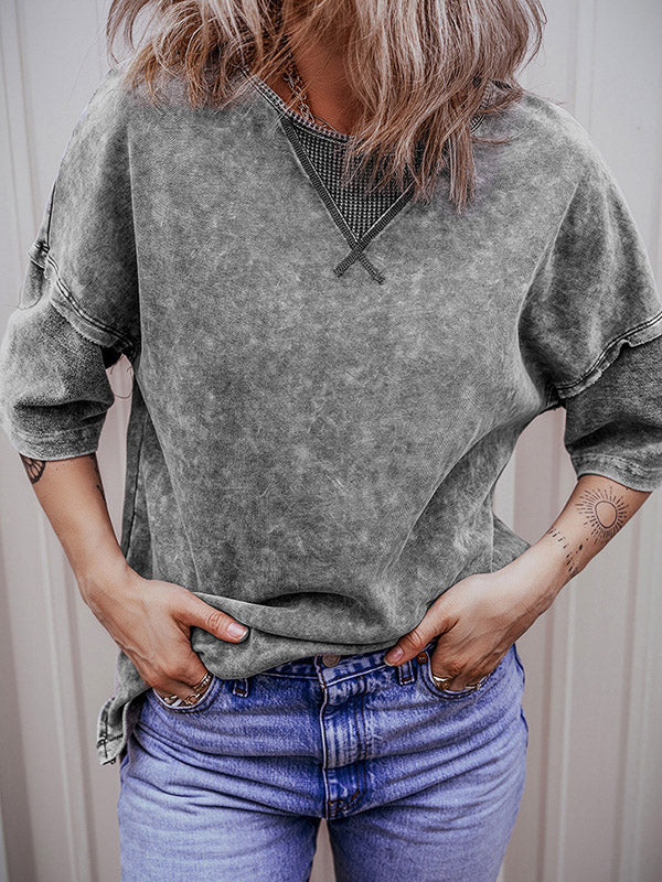 Split-Joint Half Sleeves High-Low Round-Neck T-Shirts Tops