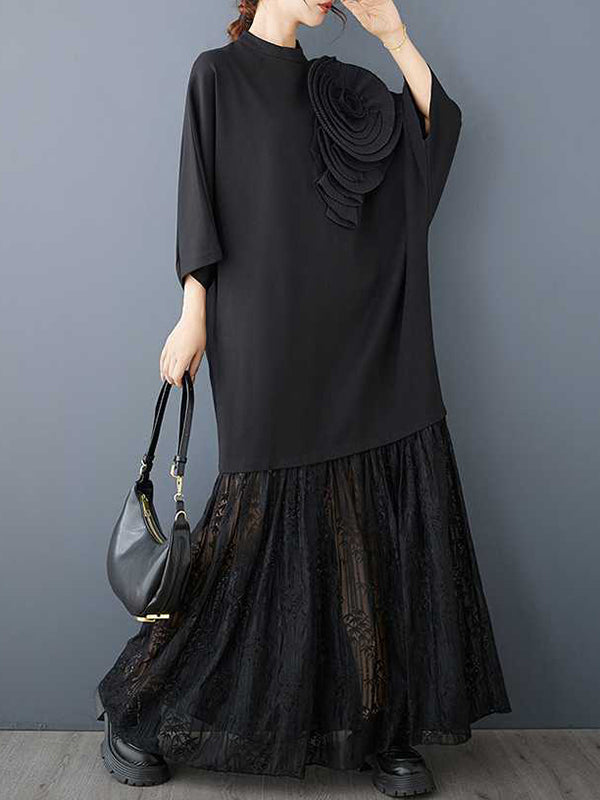 Solid Color Split-Joint Three-Dimensional Flower Long Sleeves Loose Mock Neck Maxi Dresses