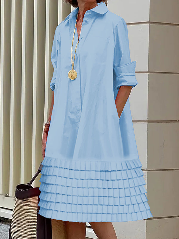 Layered Pleated Pockets Solid Color Split-Joint A-line Long Sleeves Lapel Shirt Dress Midi Dresses