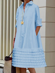 Layered Pleated Pockets Solid Color Split-Joint A-line Long Sleeves Lapel Shirt Dress Midi Dresses