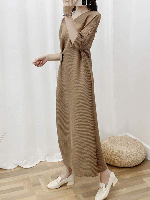 Pleated Solid Color Half Sleeves Irregular Clipping Round-Neck Midi Dresses