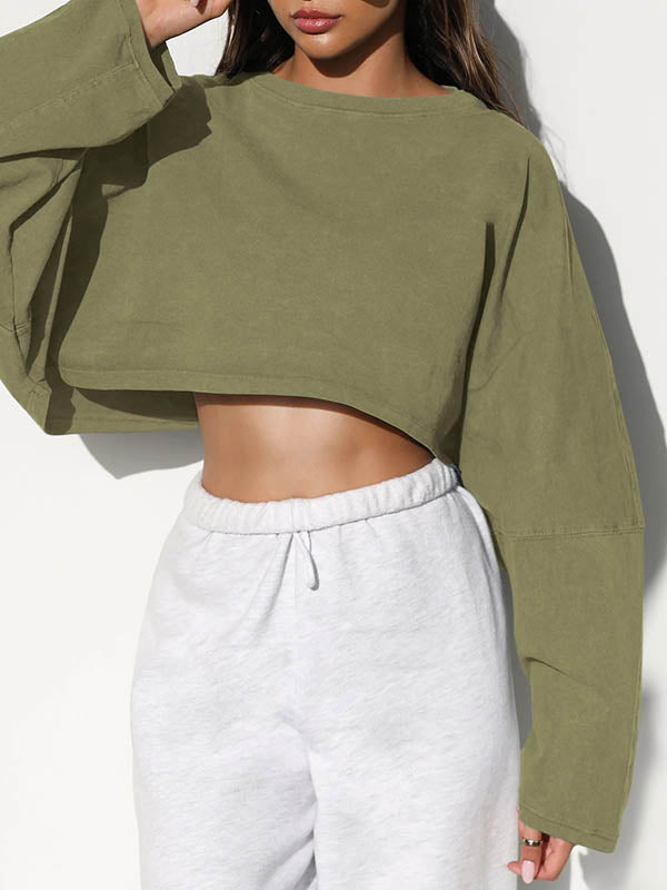 Solid Color Split-Joint Long Sleeves Loose Round-Neck Sweatshirt Tops