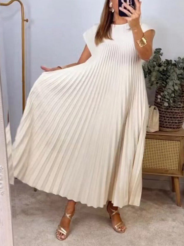 Pleated Pockets Solid Color Split-Joint A-Line High Waisted Round-Neck Maxi Dresses