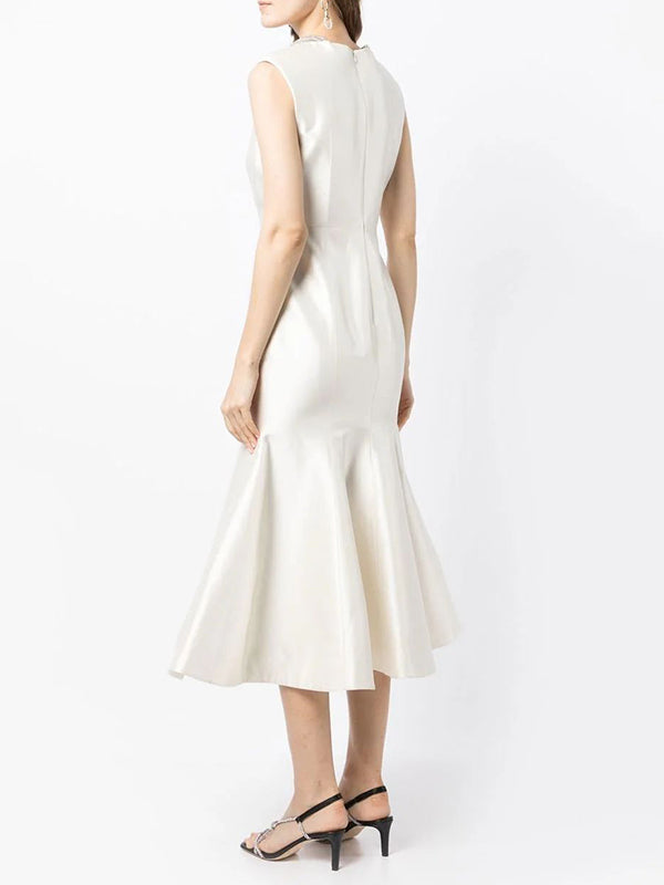 Pleated Solid Color Zipper Bodycon Mermaid Round-Neck Midi Dresses