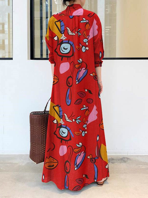 Buttoned Pockets Printed Long Sleeves Loose Lapel Shirt Dress Maxi Dresses