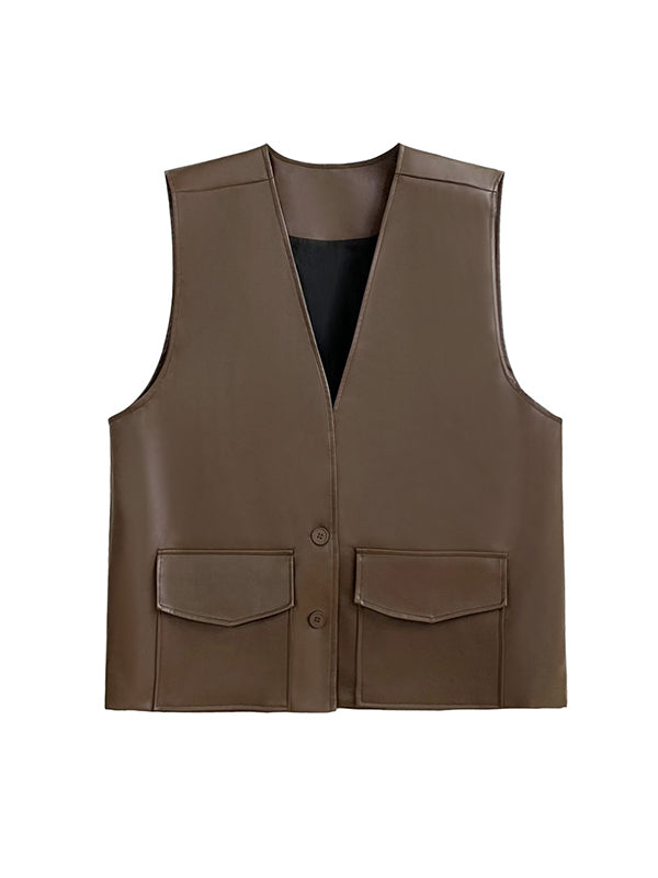 Buttoned Pockets Solid Color Loose Sleeveless V-neck Vest Outerwear