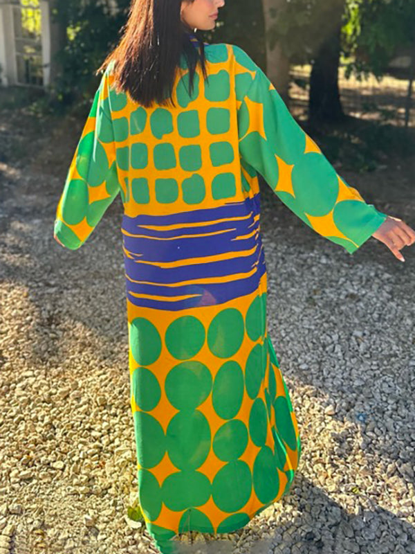 Buttoned Printed Long Sleeves Loose Lapel Shirt Dress Maxi Dresses