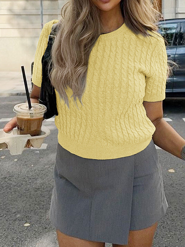Solid Color Split-Joint Short Sleeves Round-neck Sweater Tops Pullovers