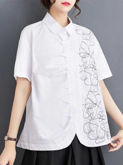 Buttoned Embroidered Pleated Irregularity Loose Lapel Collar Blouses&Shirts Tops